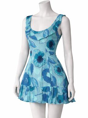 Reformation Perla Mini Dress Blue Floral Ruffle Scoop Neck Size Medium